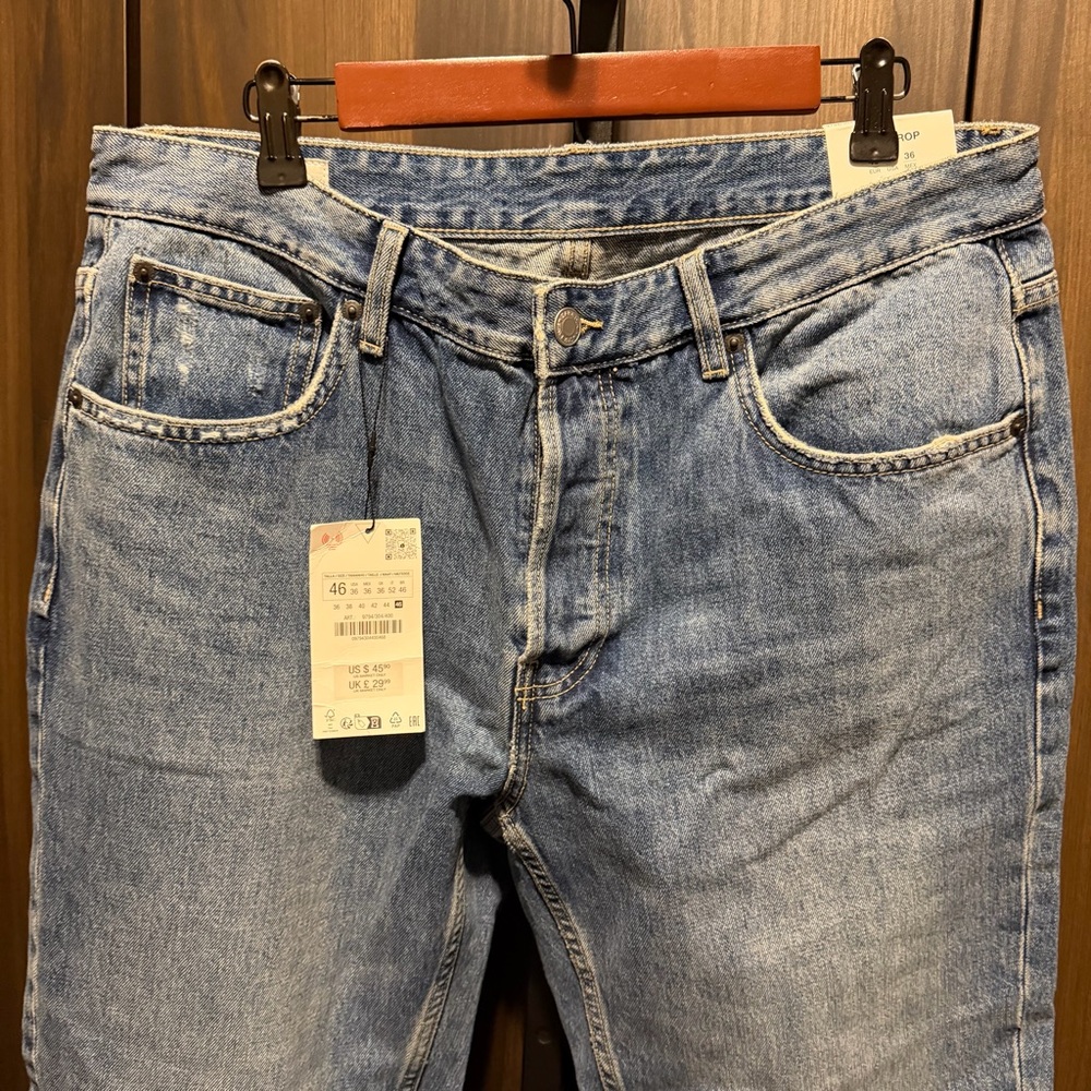 Zara Men’s Cropped Slim Fit Jeans Distressed Medium Wash Size 36